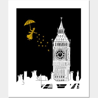 Mary Poppins and Big Ben Linocut Print in white, black and gold Posters and Art
